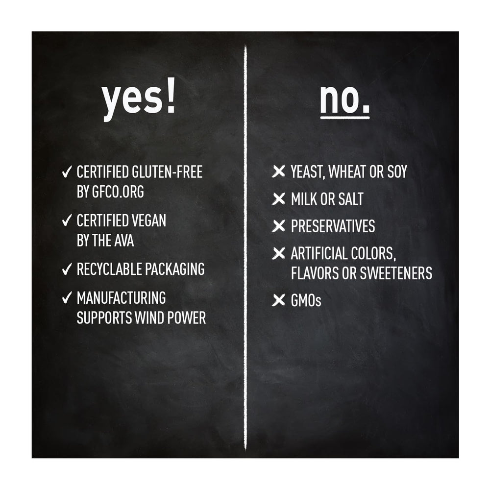 Nutritional label emphasizing dairy-free, gluten-free, and vegan ingredients