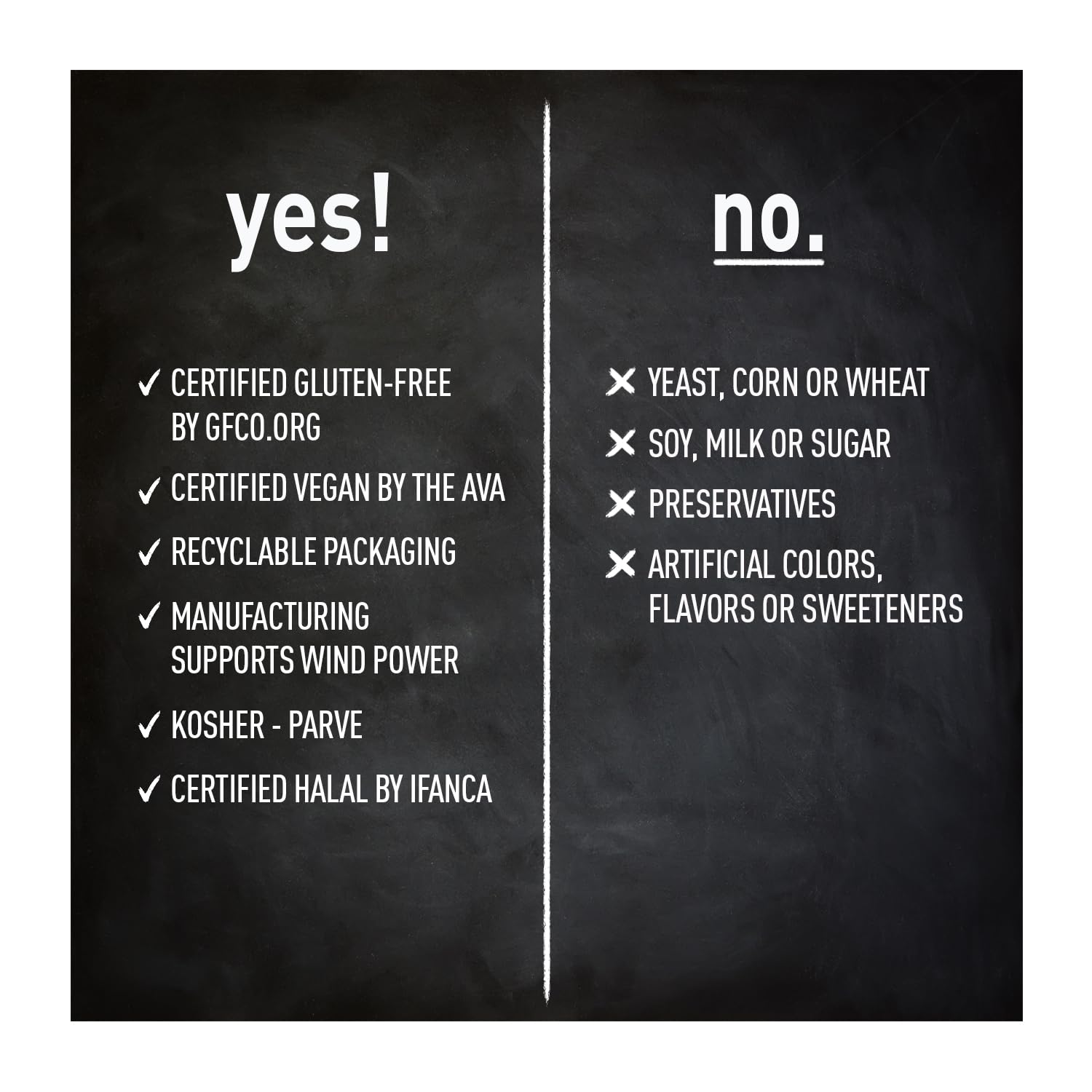 Certifications including Gluten Free, Vegan, Halal, Kosher and Non-GMO