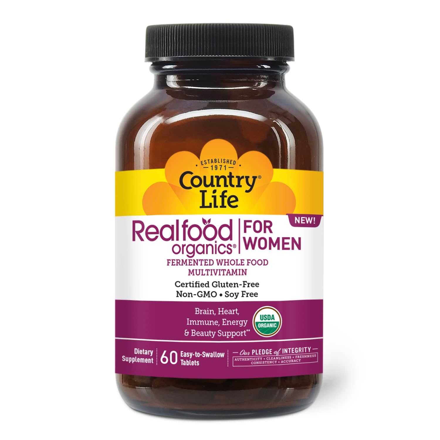 Front view of Country Life Realfood Organics Womens Multivitamin bottle with 60 tablets