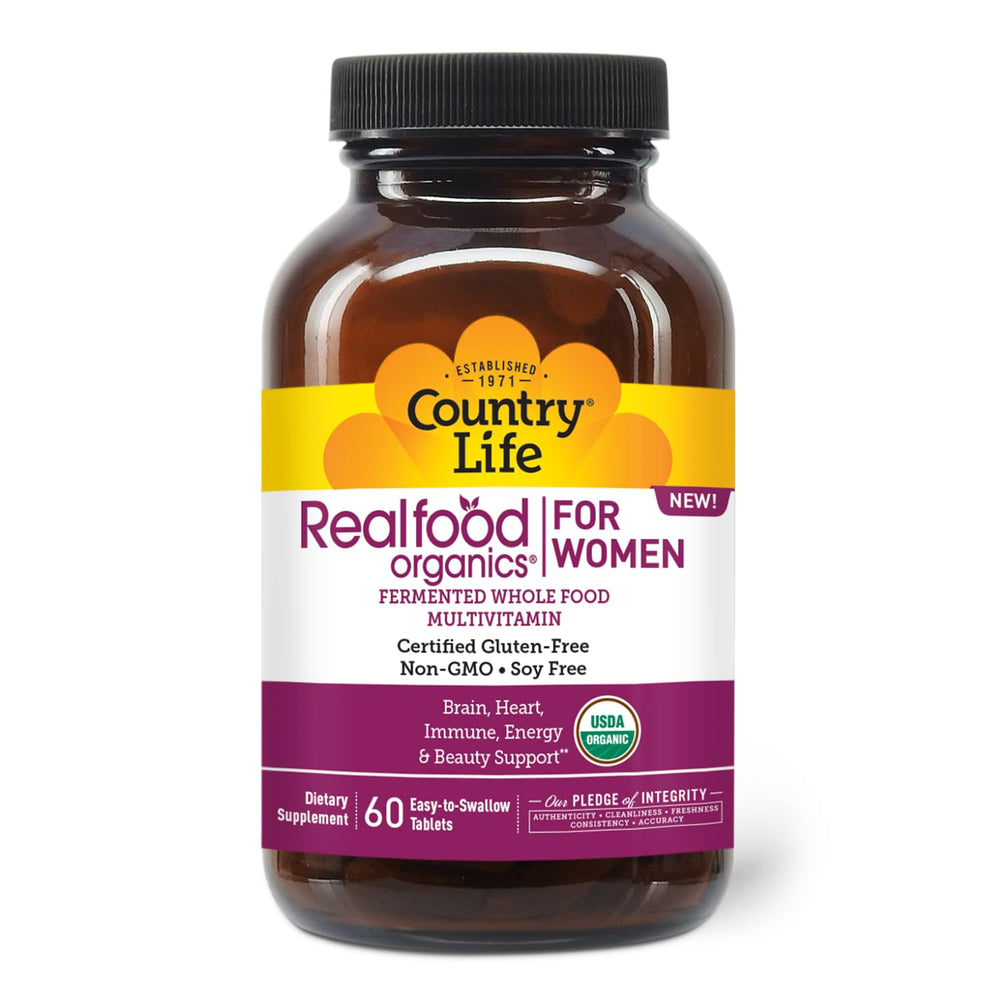 Front view of Country Life Realfood Organics Womens Multivitamin bottle with 60 tablets