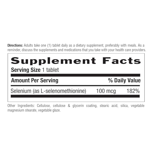 Close-up of Selenium bottle label showing 100 mcg per tablet