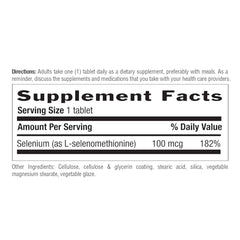 Close-up of Selenium bottle label showing 100 mcg per tablet