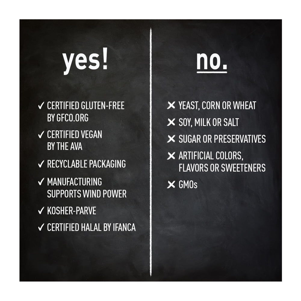 Packaging highlighting gluten-free, vegan, and halal certifications