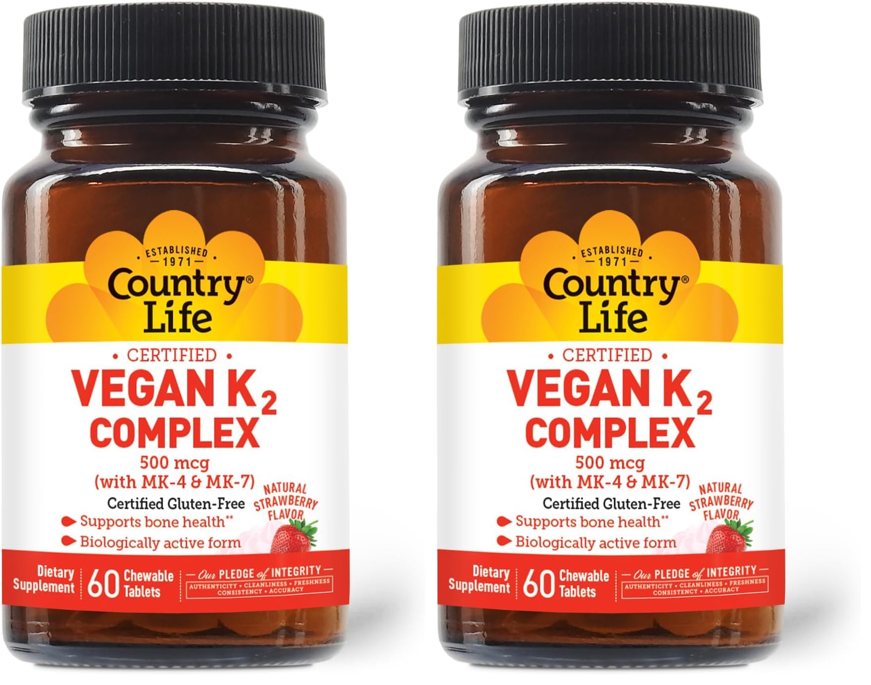Country Life Vegan K2-500 mcg strawberry flavored chewables bottle front