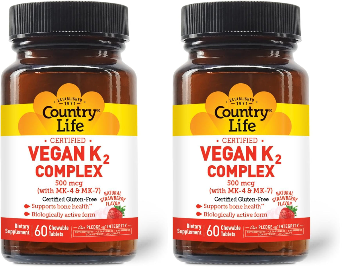 Country Life Vegan K2-500 mcg strawberry flavored chewables bottle front