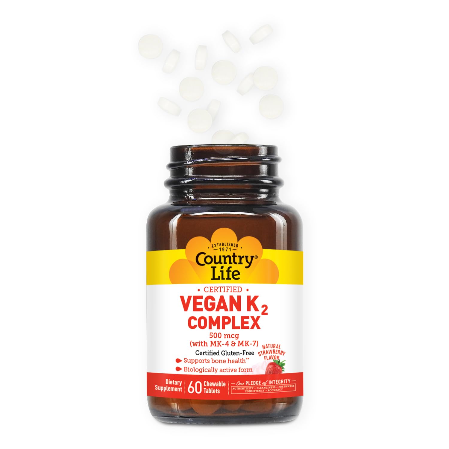 Country Life K2-500 mcg chewables label showing strawberry flavor