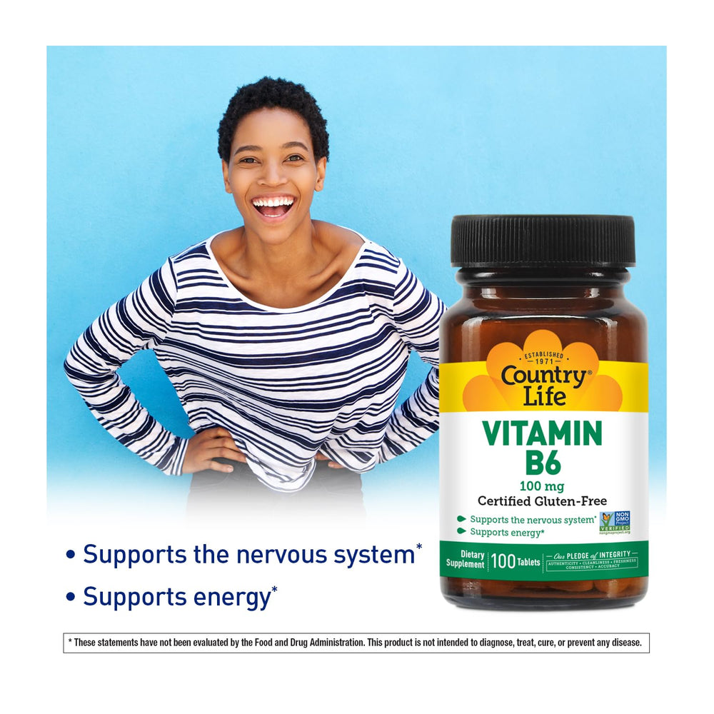 Front-facing image of Country Life Vitamin B-6 capsules in bottle