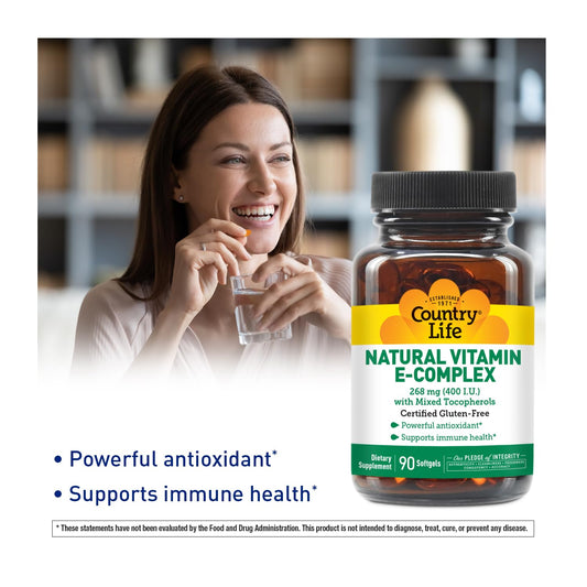 Close-up of Country Life Vitamin E-Complex 400 IU softgels