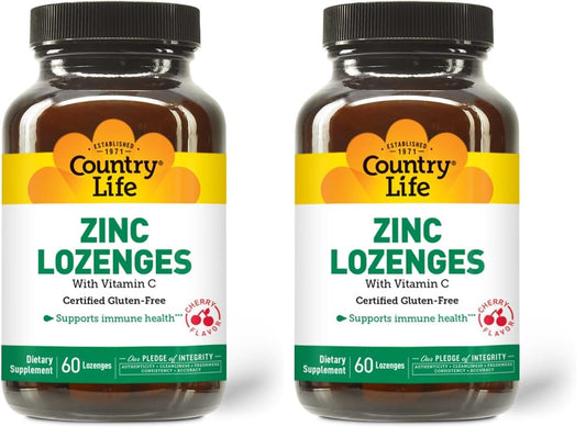 Country Life Zinc Lozenges 23 mg + Vitamin C Cherry flavor bottle – 60-count per bottle