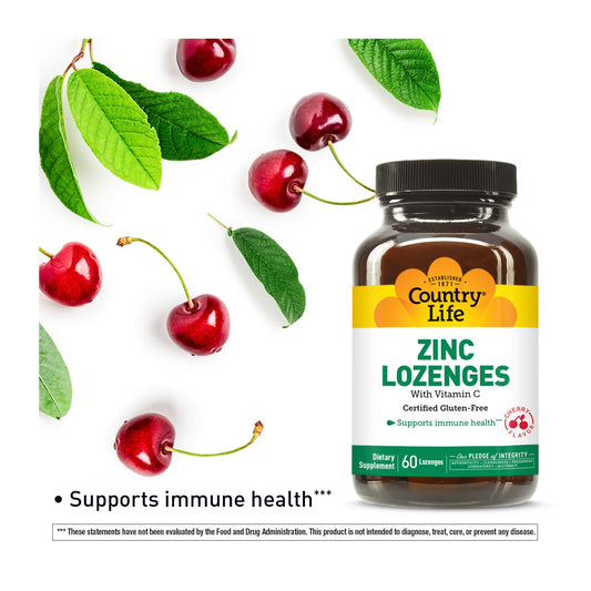 Label showing gluten-free, vegetarian, and kosher certifications on Country Life Zinc Lozenges