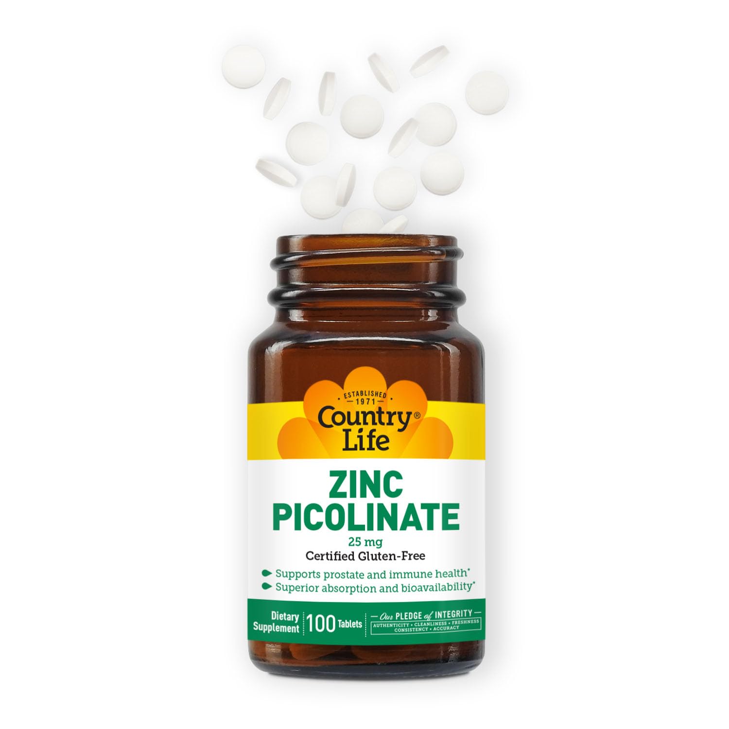 Certifications and product packaging for Country Life Zinc Picolinate