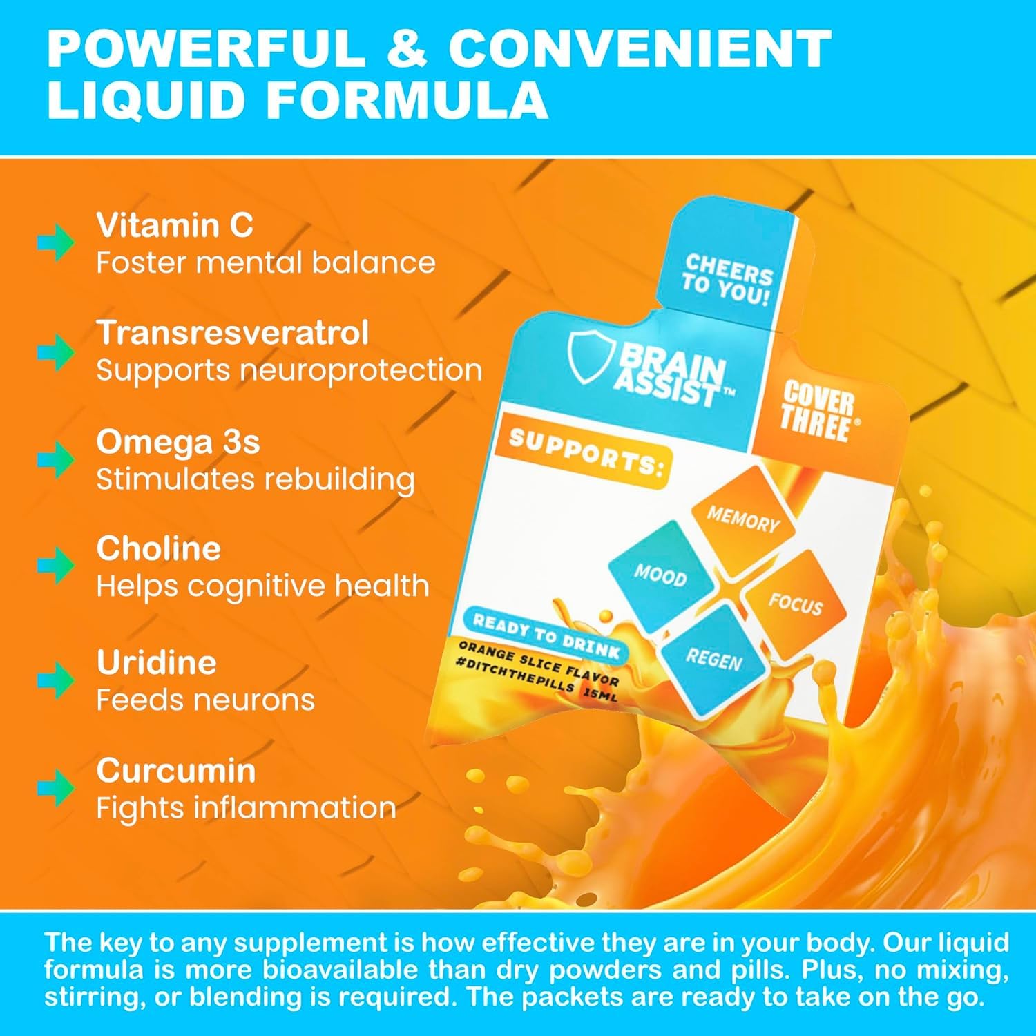 Close-up of Cover Three Brain Assist bottle label