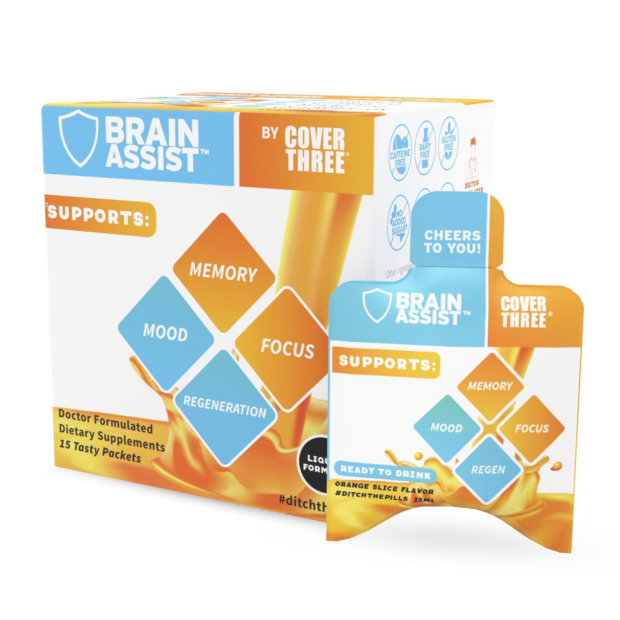 Cover Three Brain Assist bottle pouring liquid formula for on-the-go focus support.