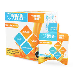 Cover Three Brain Assist liquid brain supplement bottle with orange slice flavor