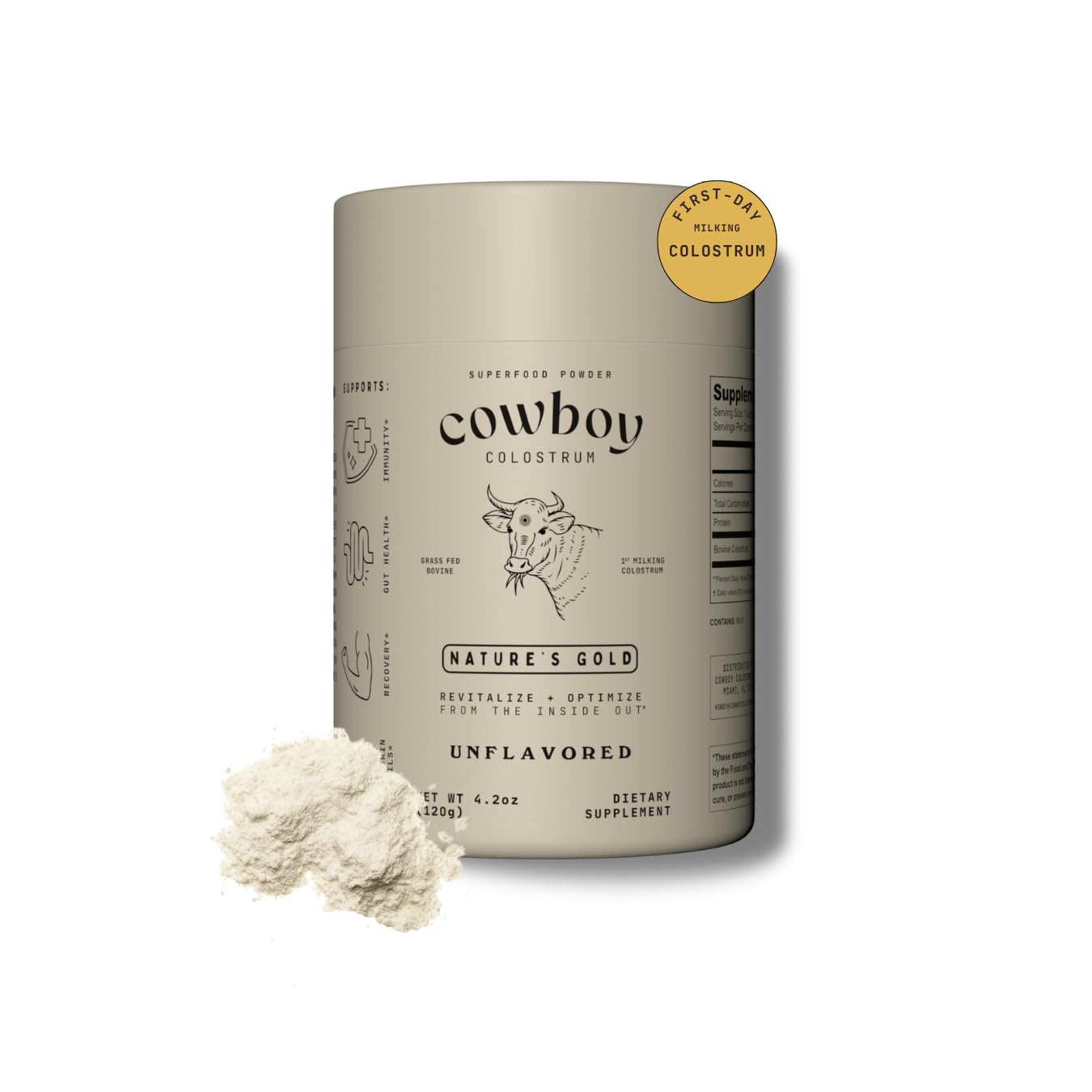 Cowboy Colostrum Powder container with scoop