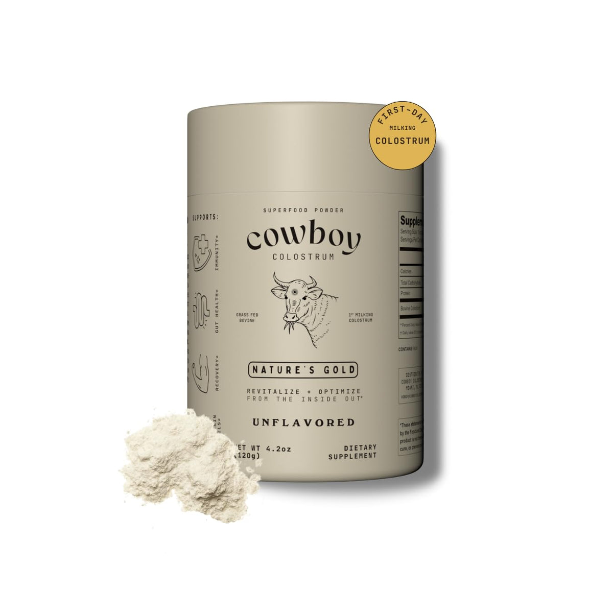Cowboy Colostrum Powder container with scoop