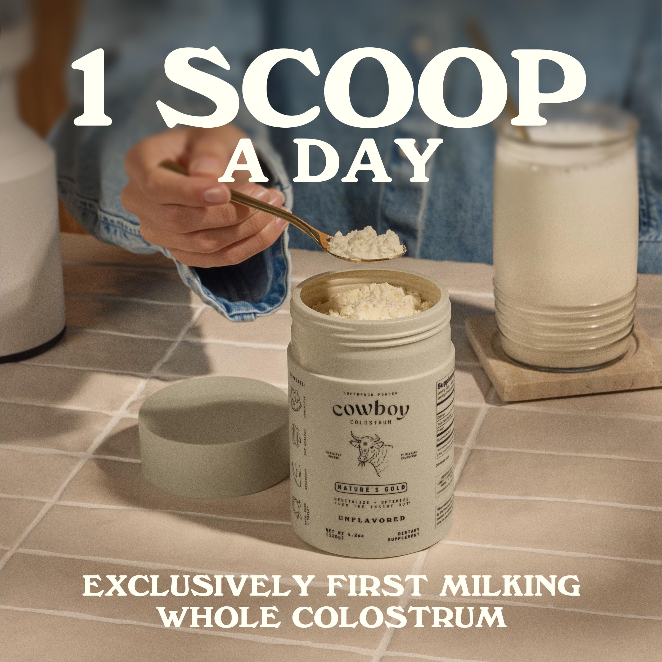 Cowboy Colostrum Powder jar label emphasizes full-fat formula and purity