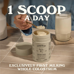 Cowboy Colostrum powder from grass-fed cows emphasizing ethical sourcing.