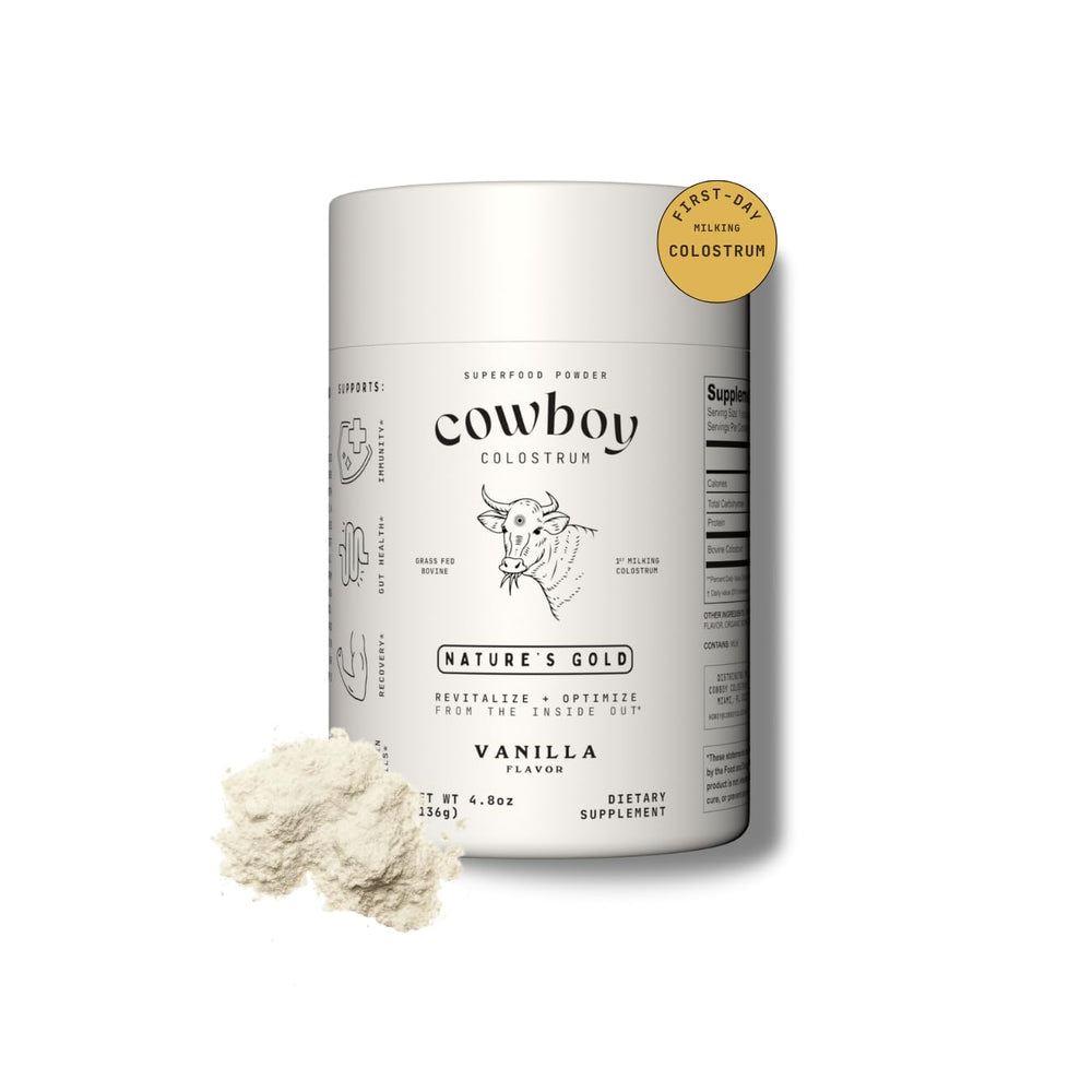 Cowboy Colostrum Powder Vanilla flavor container with scoop