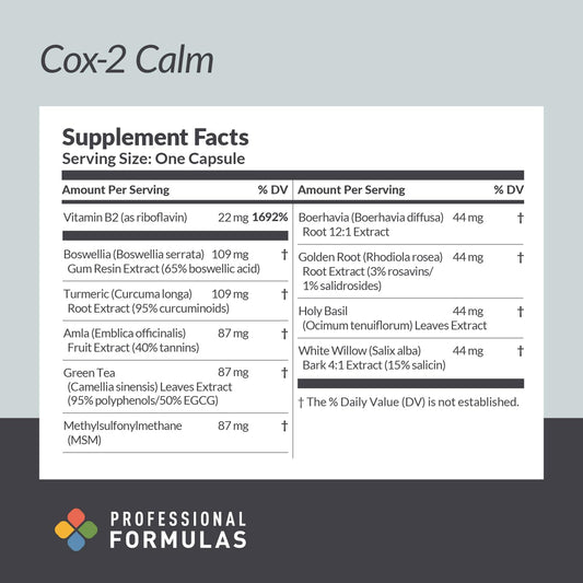 Cox-2 Calm green tea and holy basil with supportive botanicals for antioxidant protection and resilience.