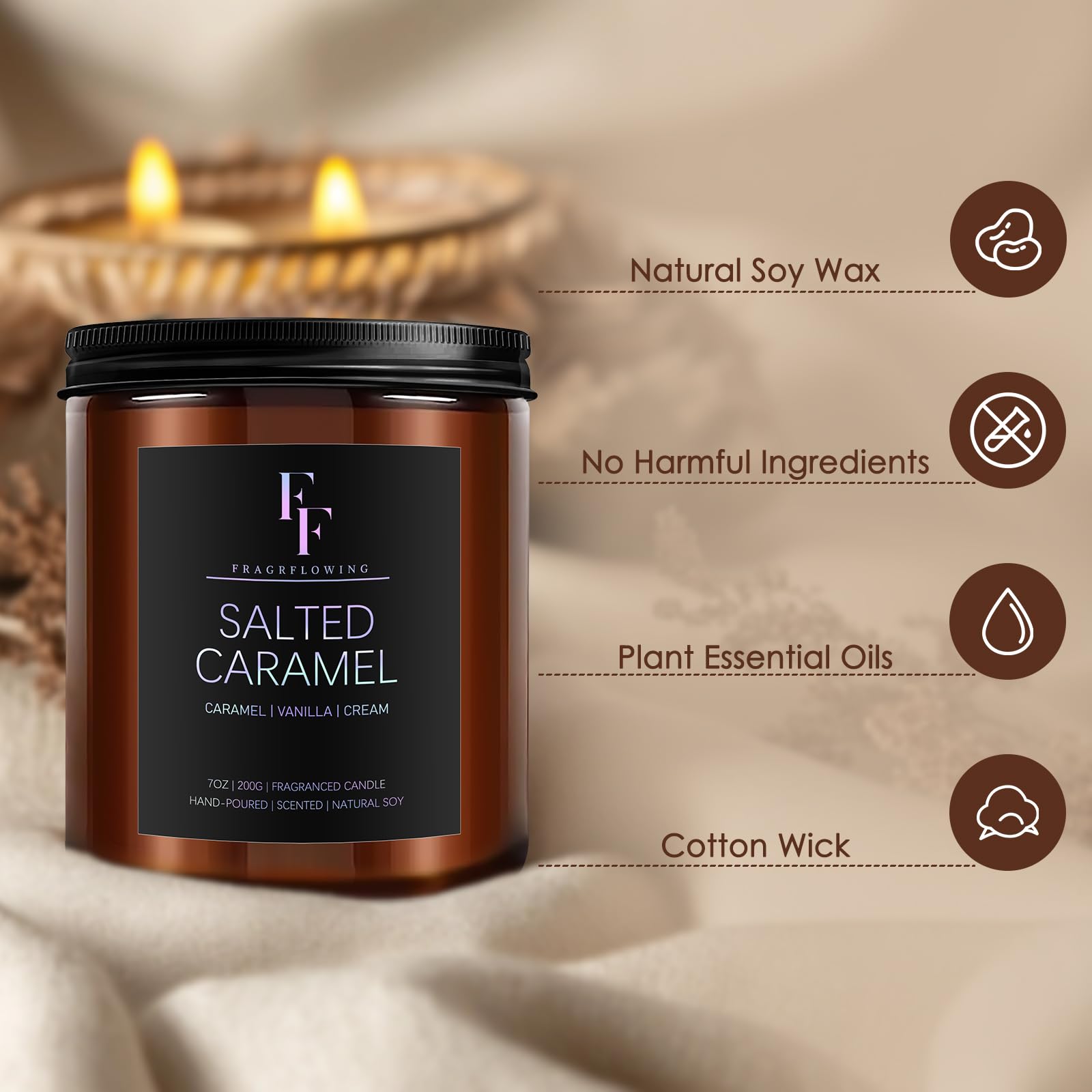 Cozy living room ambiance with a lit salted caramel candle