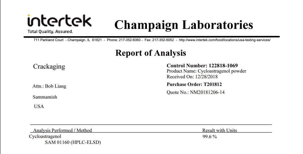 Image showing independent third-party lab test for Cycloastragenol purity