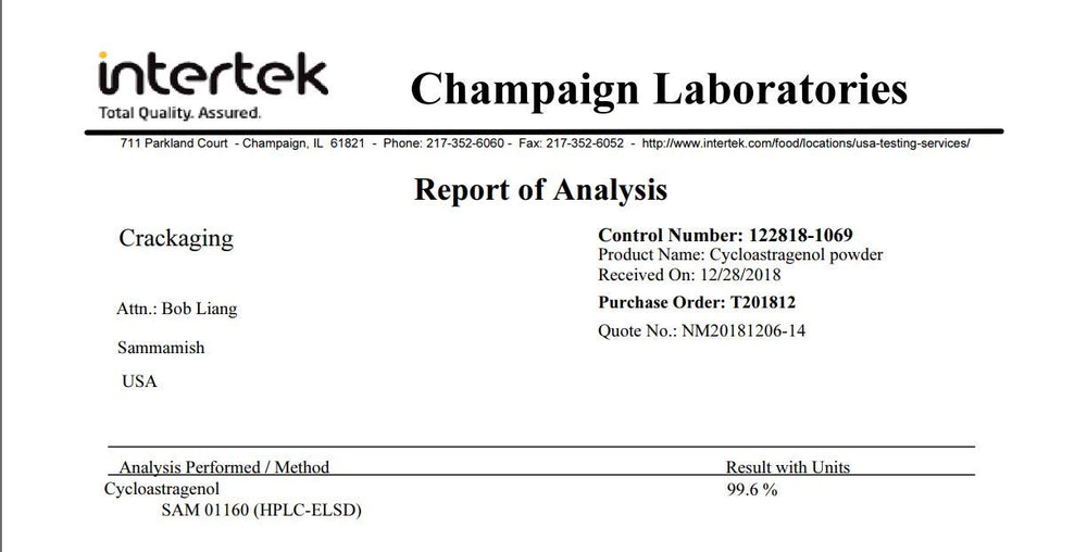 Image showing independent third-party lab test for Cycloastragenol purity