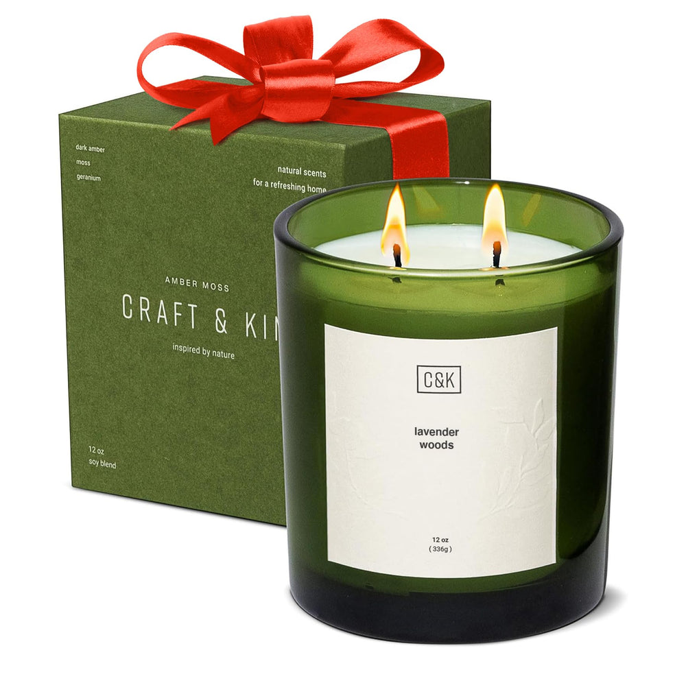 Lavender Christmas scented candle in a 12oz green glass jar – front view