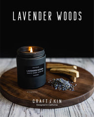 Lavender Woods candle burning with wood wick