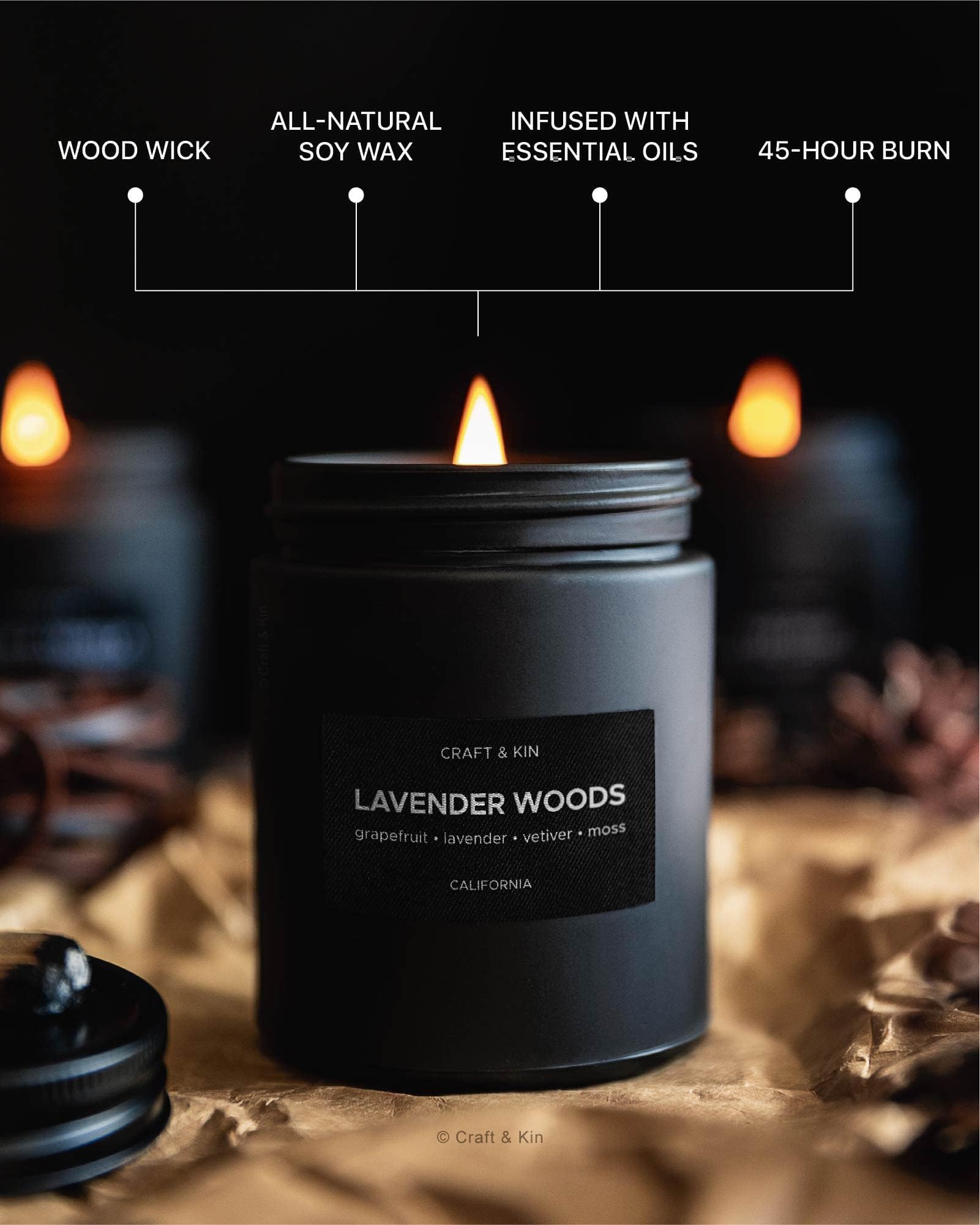 Lavender Woods candle packaging detail