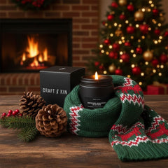 Close-up of label on Craft & Kin 7.6oz candle showing burn time