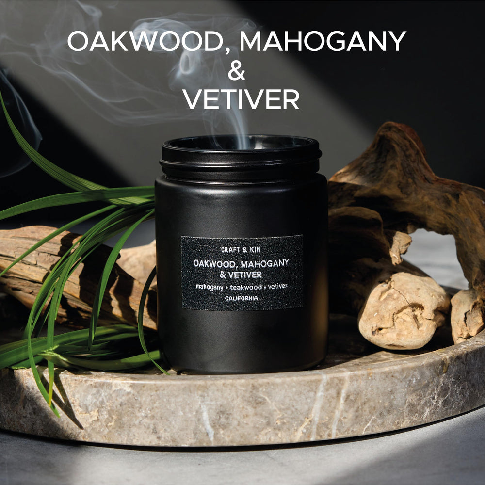 Wooden surface with Oakwood Mahogany Vetiver fragrance highlight