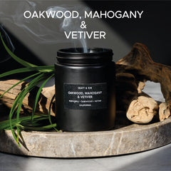 Wooden surface with Oakwood Mahogany Vetiver fragrance highlight