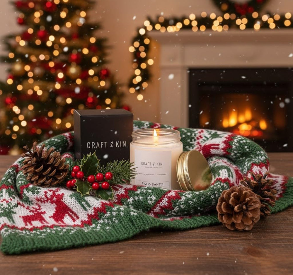 Close-up of Palo Santo scented candle with wood wick