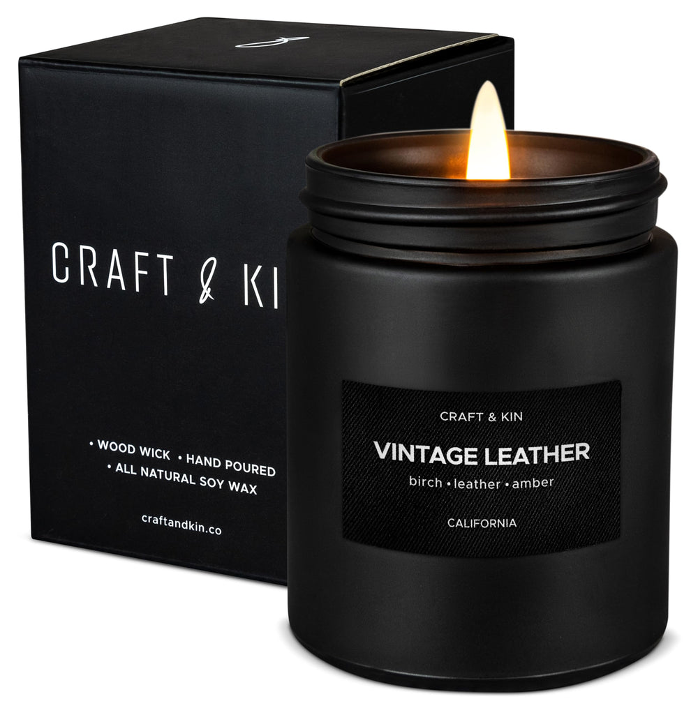 Craft & Kin premium vintage leather candle in black gift packaging