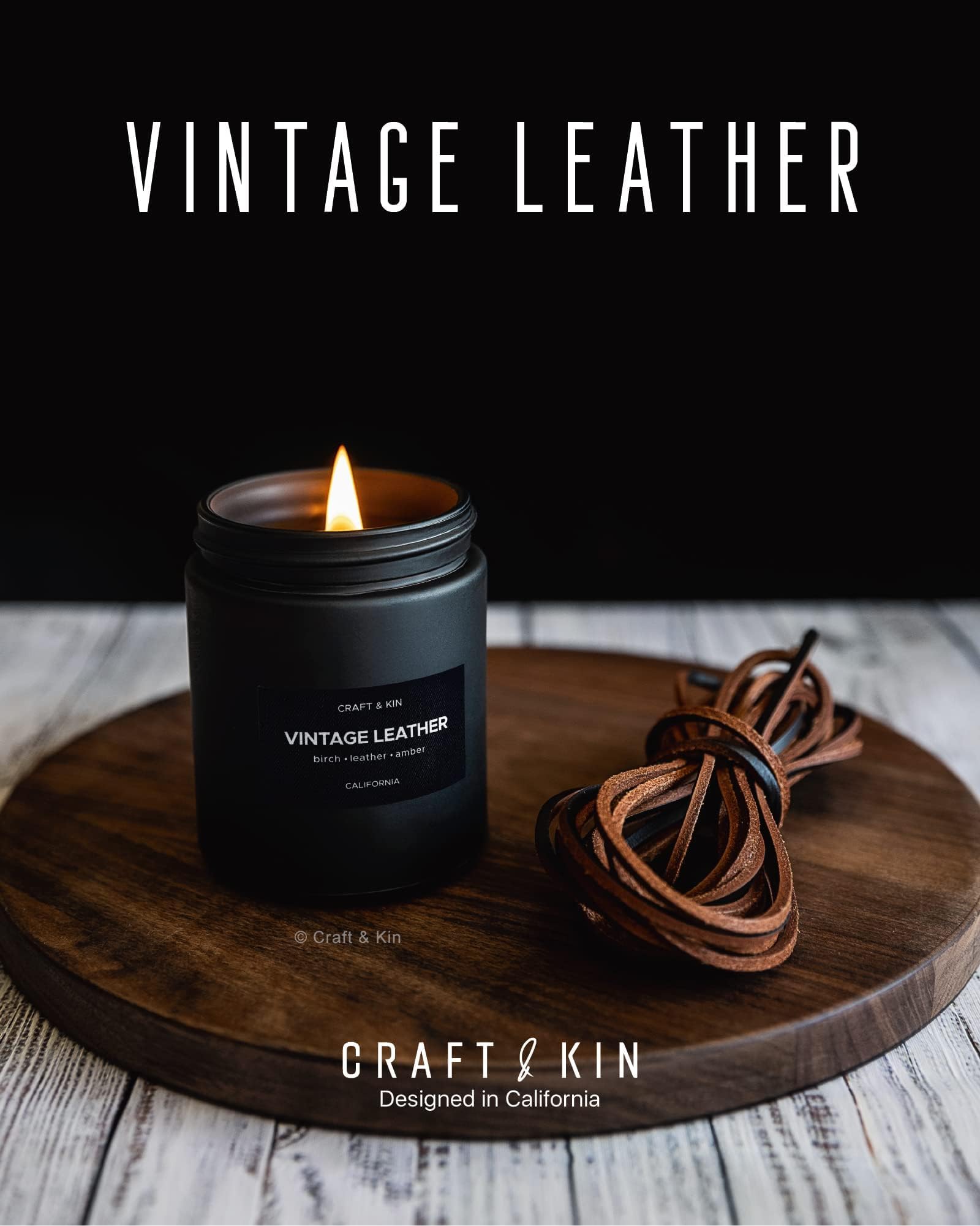 Leather-scented candle with cedarwood aroma and wood wick
