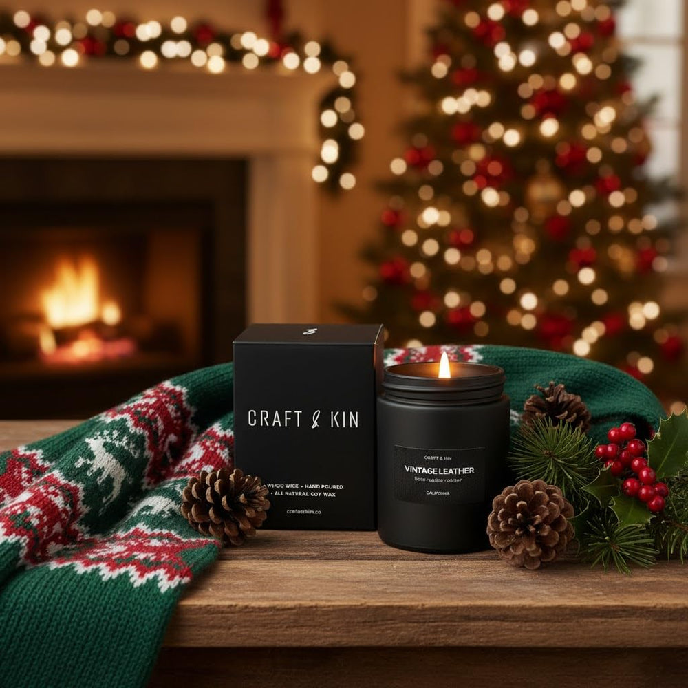 Vintage leather candle scent with birch and amber notes