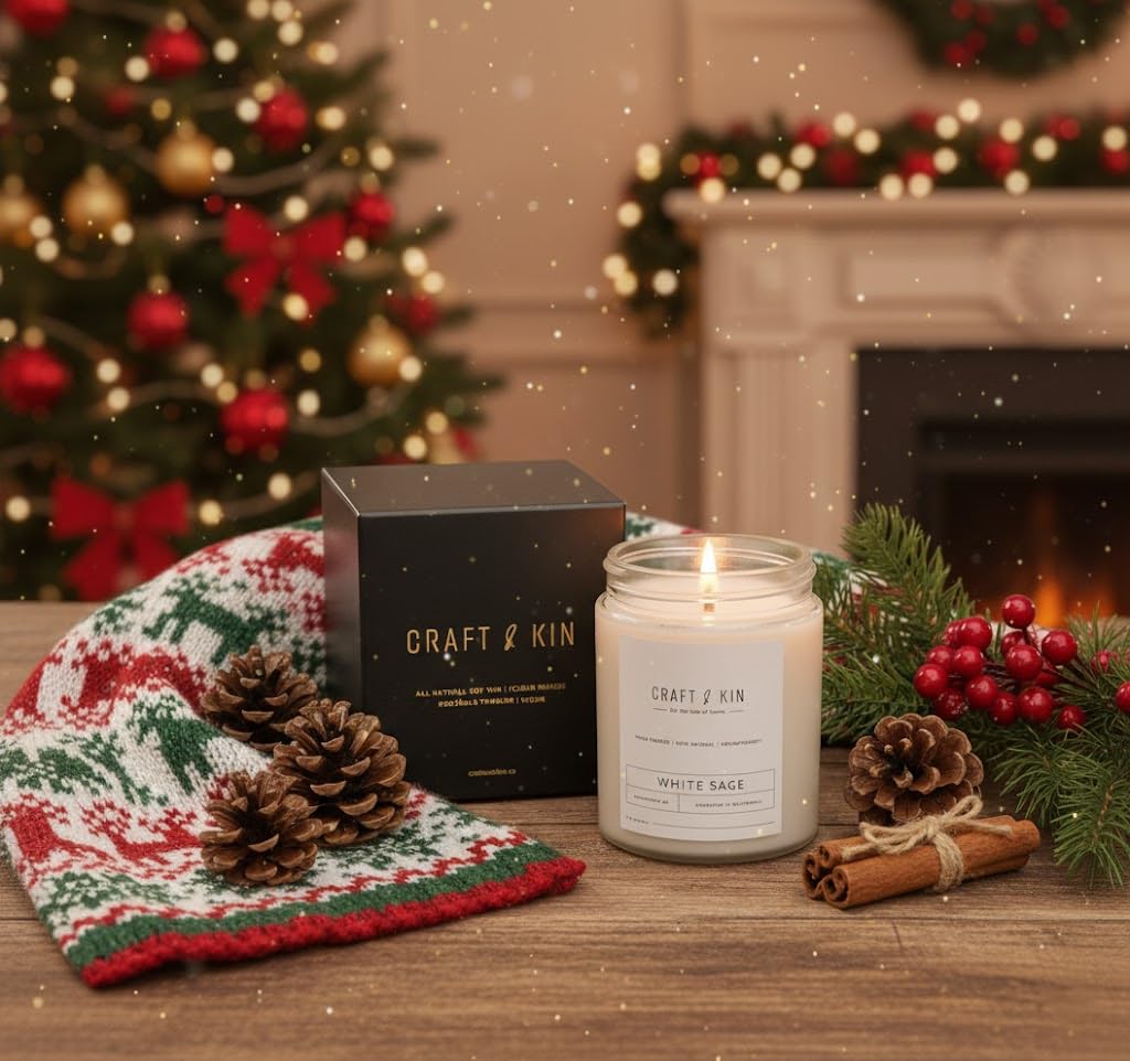 Close-up of 8 oz white sage candle with wood wick