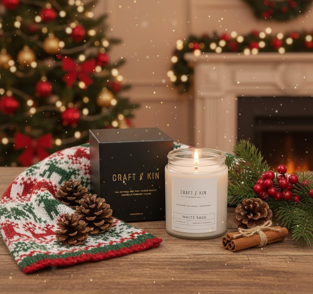 Close-up of 8 oz white sage candle with wood wick