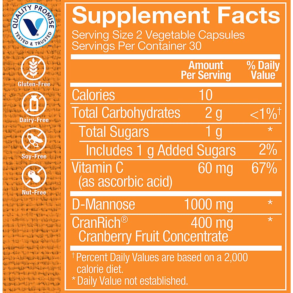 Ingredients panel showing 400 mg cranberry concentrate and 1,000 mg D-Mannose