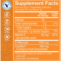 Ingredients panel showing 400 mg cranberry concentrate and 1,000 mg D-Mannose