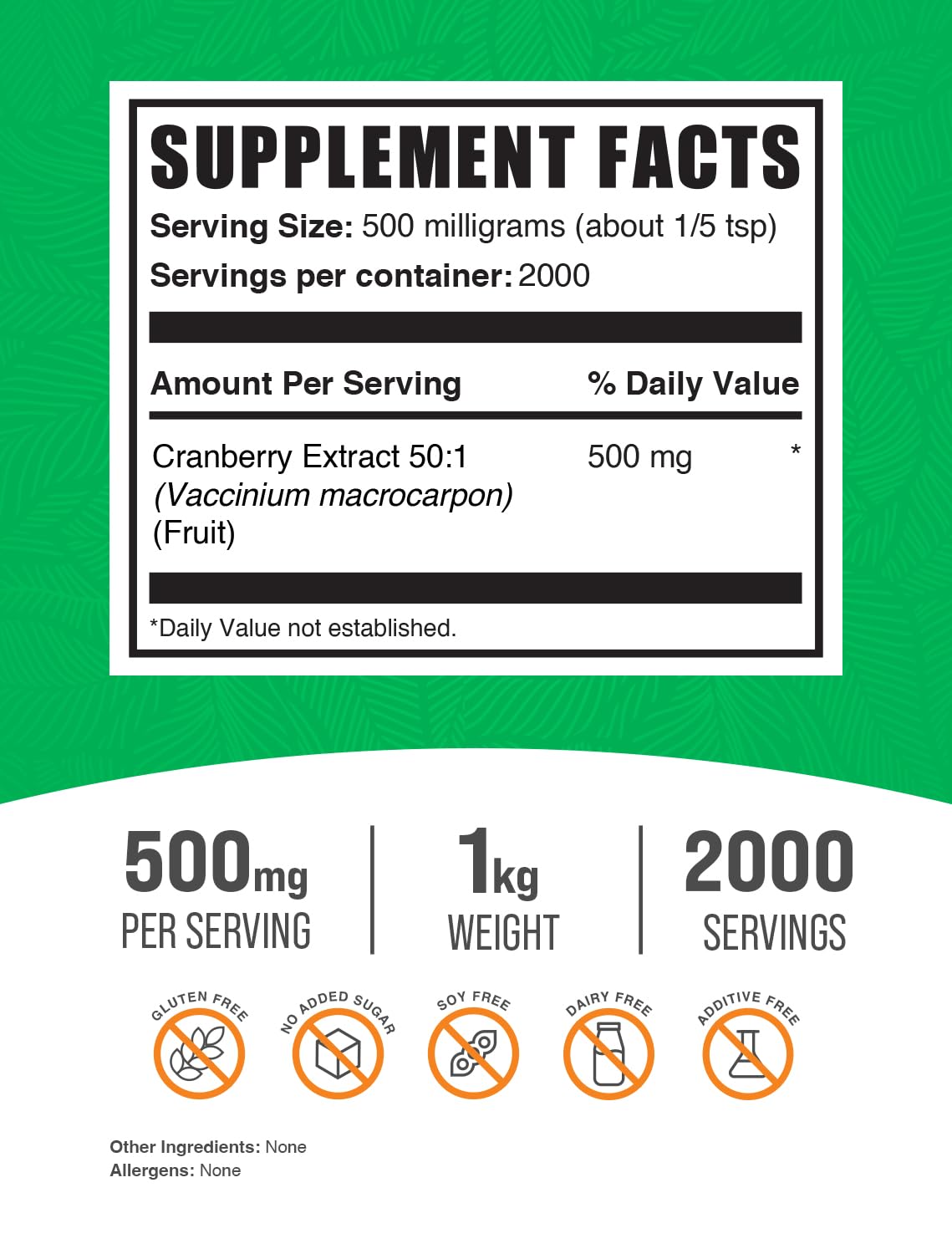 Ingredients panel showing cranberry extract powder from Vaccinium macrocarpon