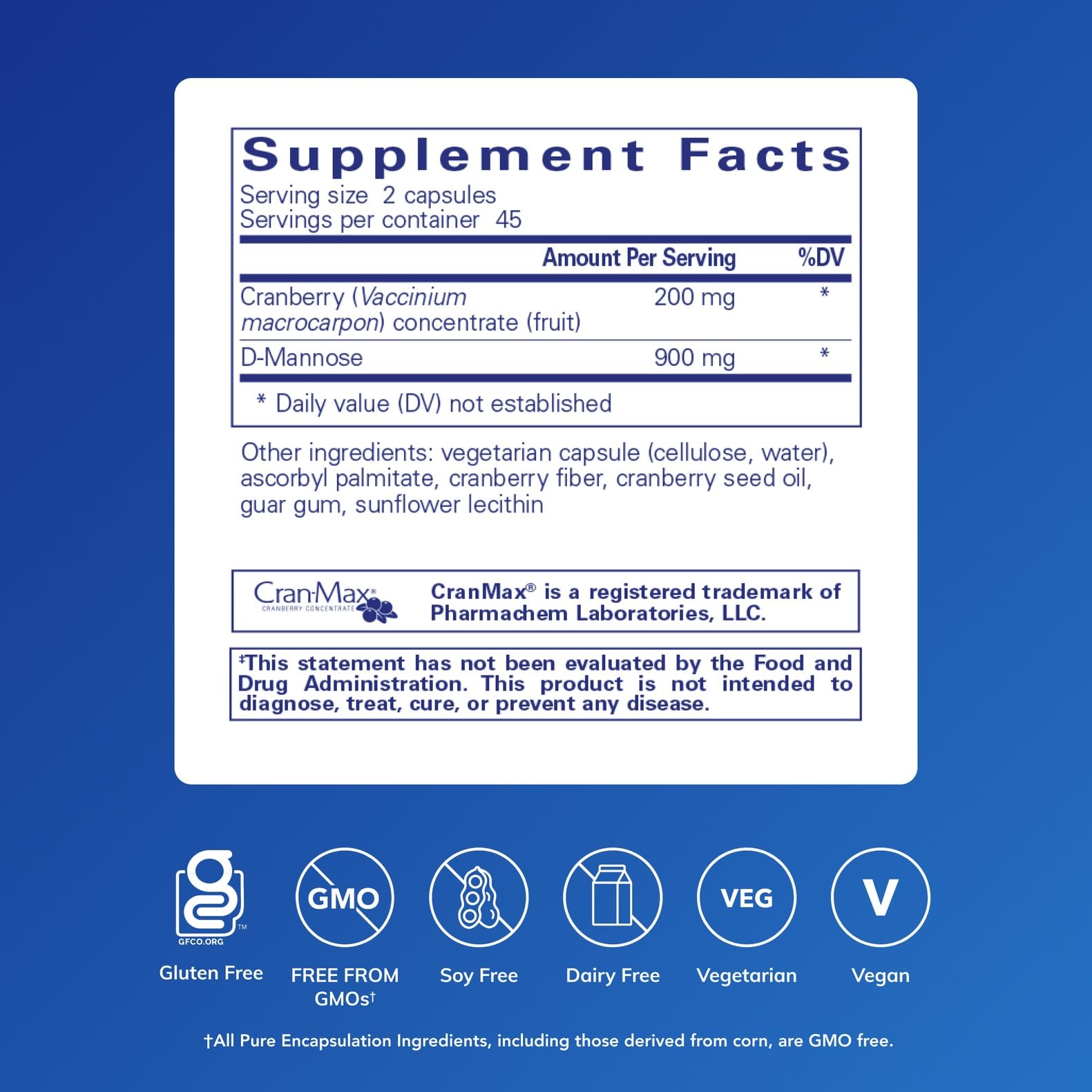 Label showing 200 mg cranberry fruit concentrate and 900 mg D-mannose per serving.