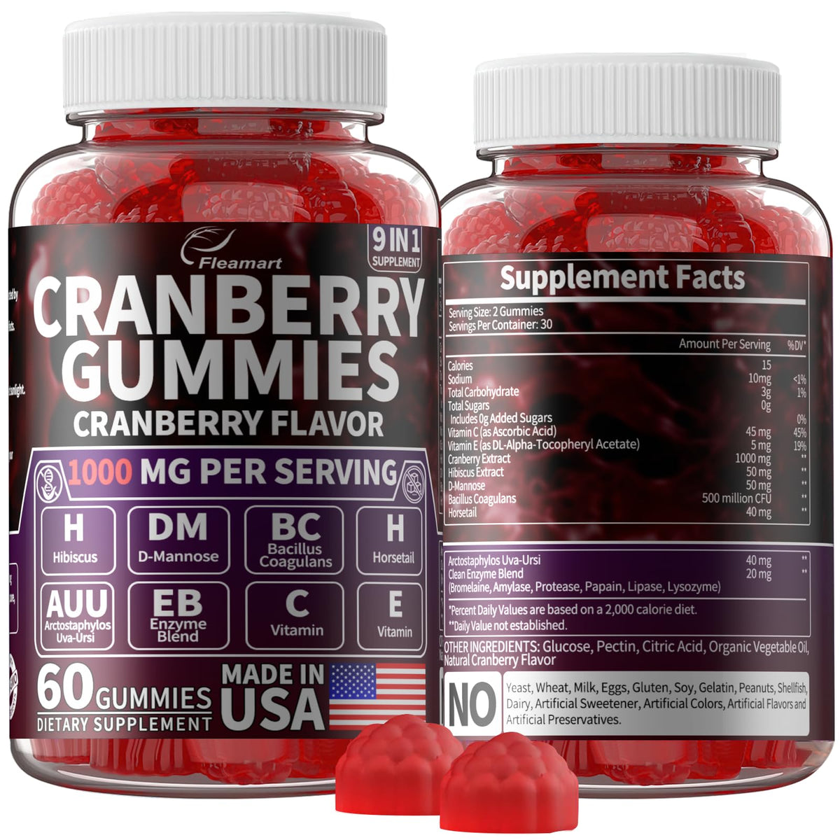 Cranberry Gummies bottle front with 1000 mg formula