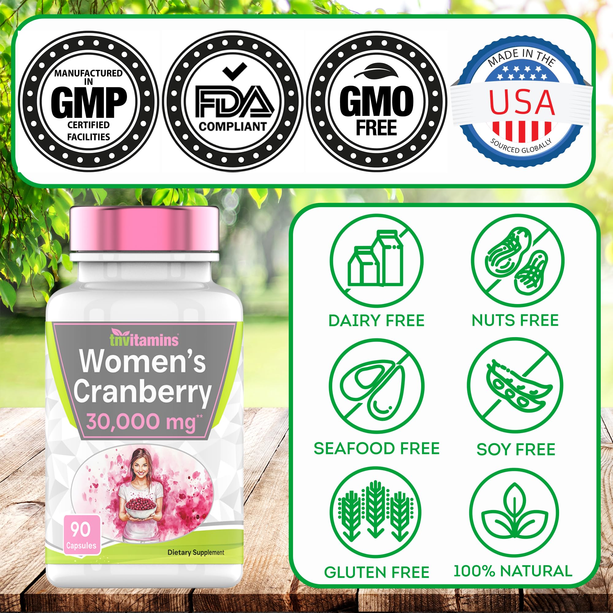 Cranberry pills free from dairy, nuts, seafood, soy and gluten