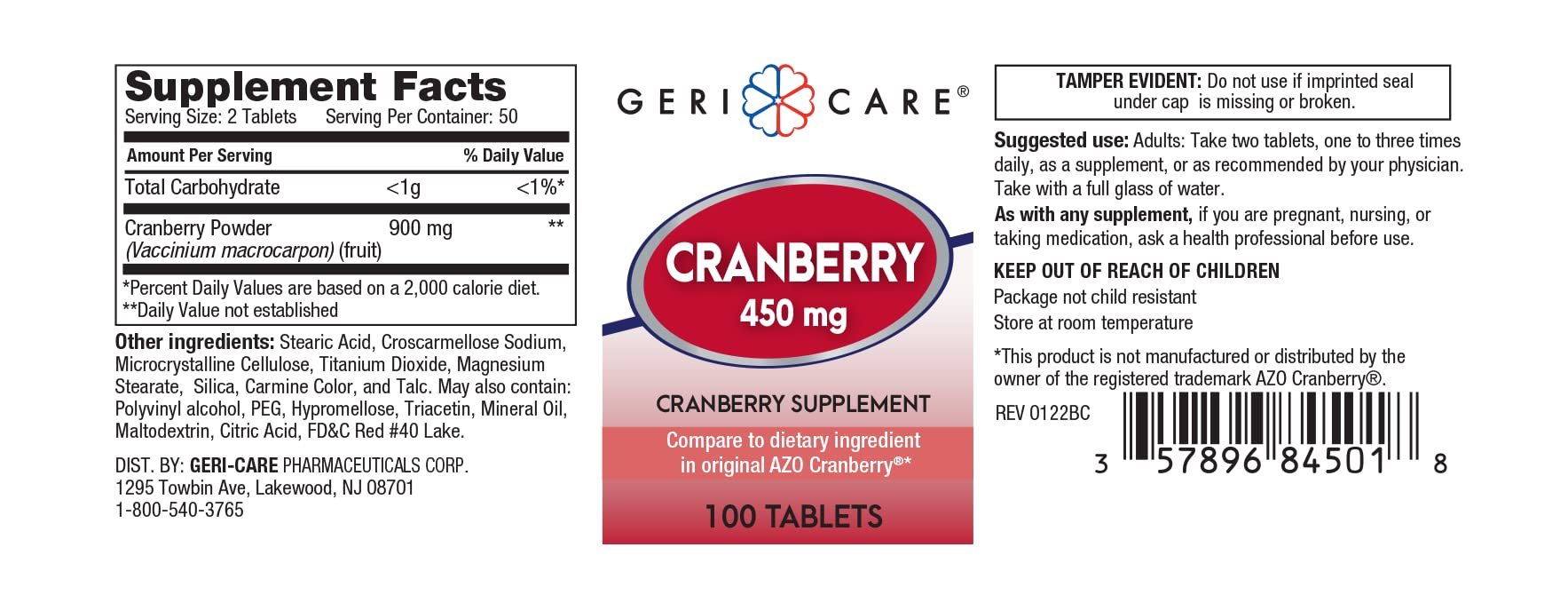 GeriCare Cranberry Supplement packaging 2-Pack back view