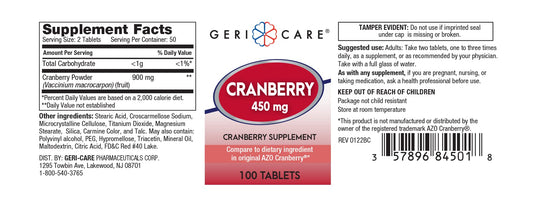 GeriCare Cranberry Supplement packaging 2-Pack back view