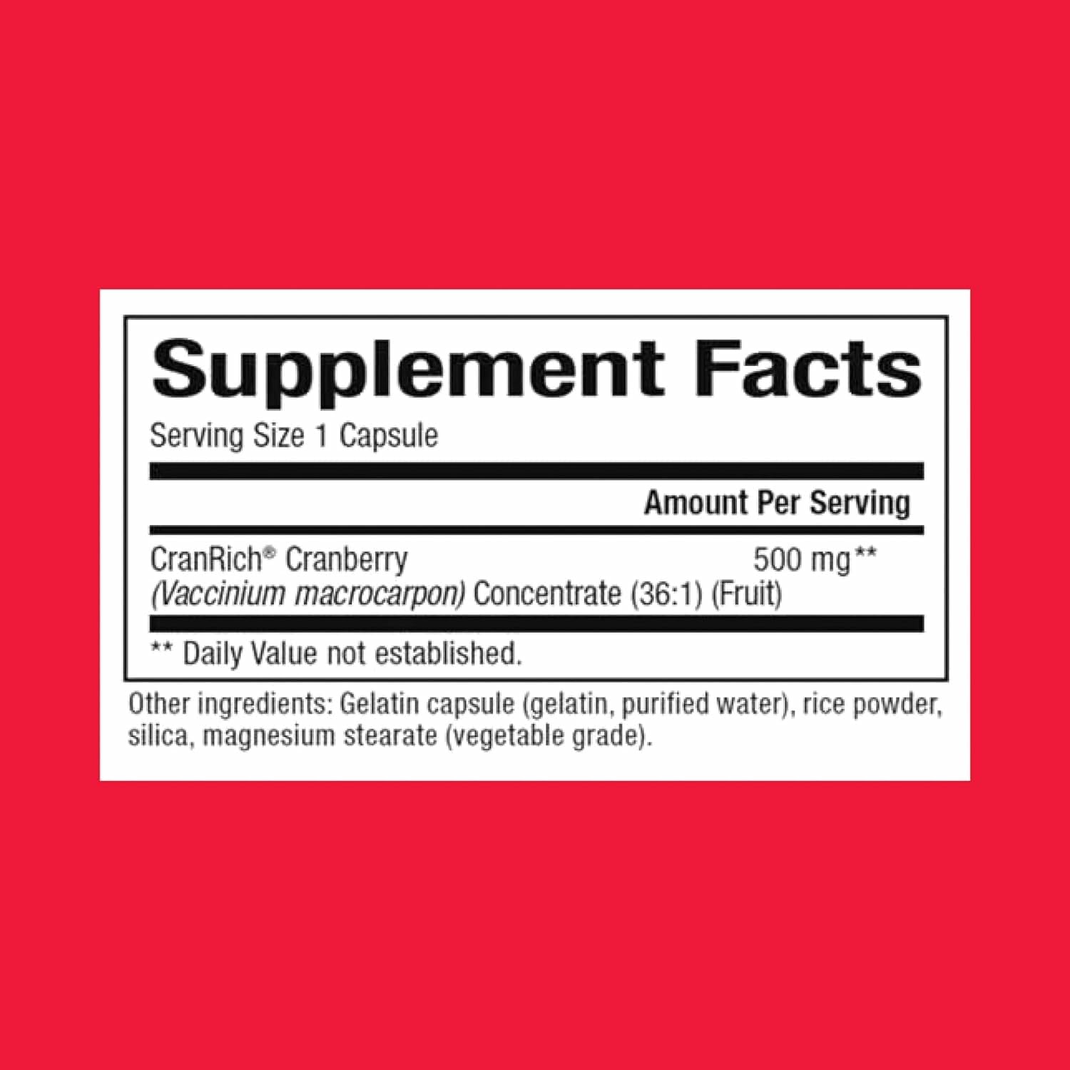 Front label of CranRich cranberry concentrate showing 36:1 concentrate