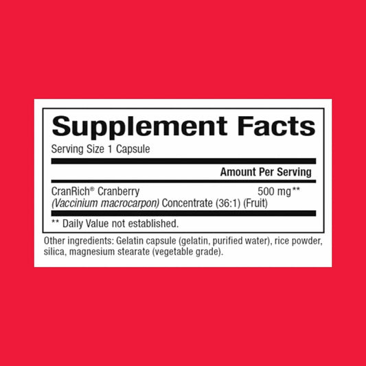 Front label of CranRich cranberry concentrate showing 36:1 concentrate