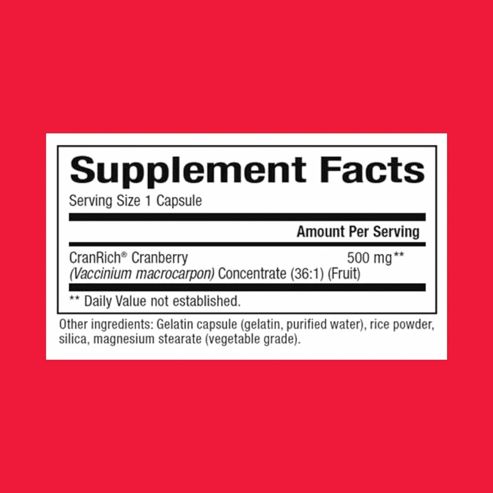 Front view of CranRich Cranberry Concentrate bottle highlighting 90 capsules